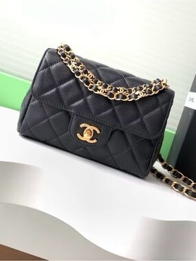 Black Quilted Leather Crossbody with Gold Chain